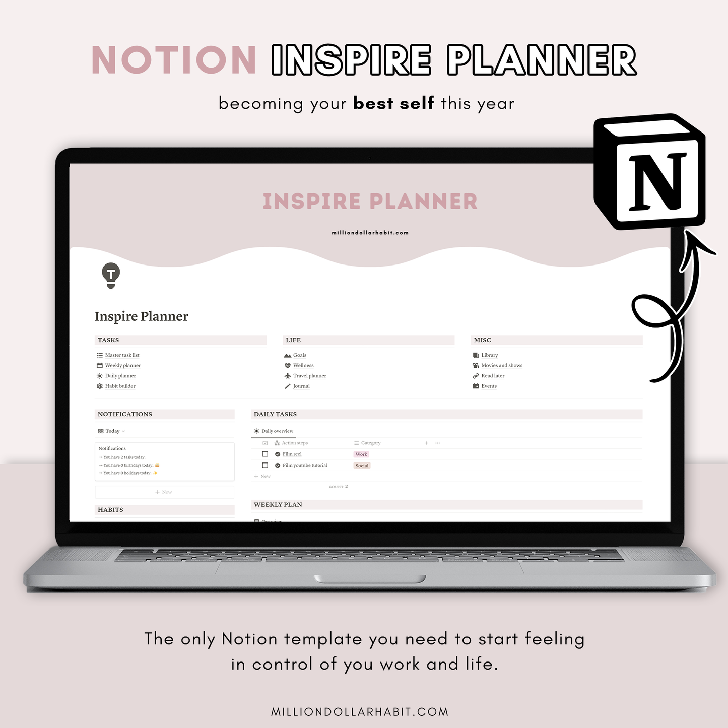 Inspire Planner for Notion - Million Dollar Habit - Notion template