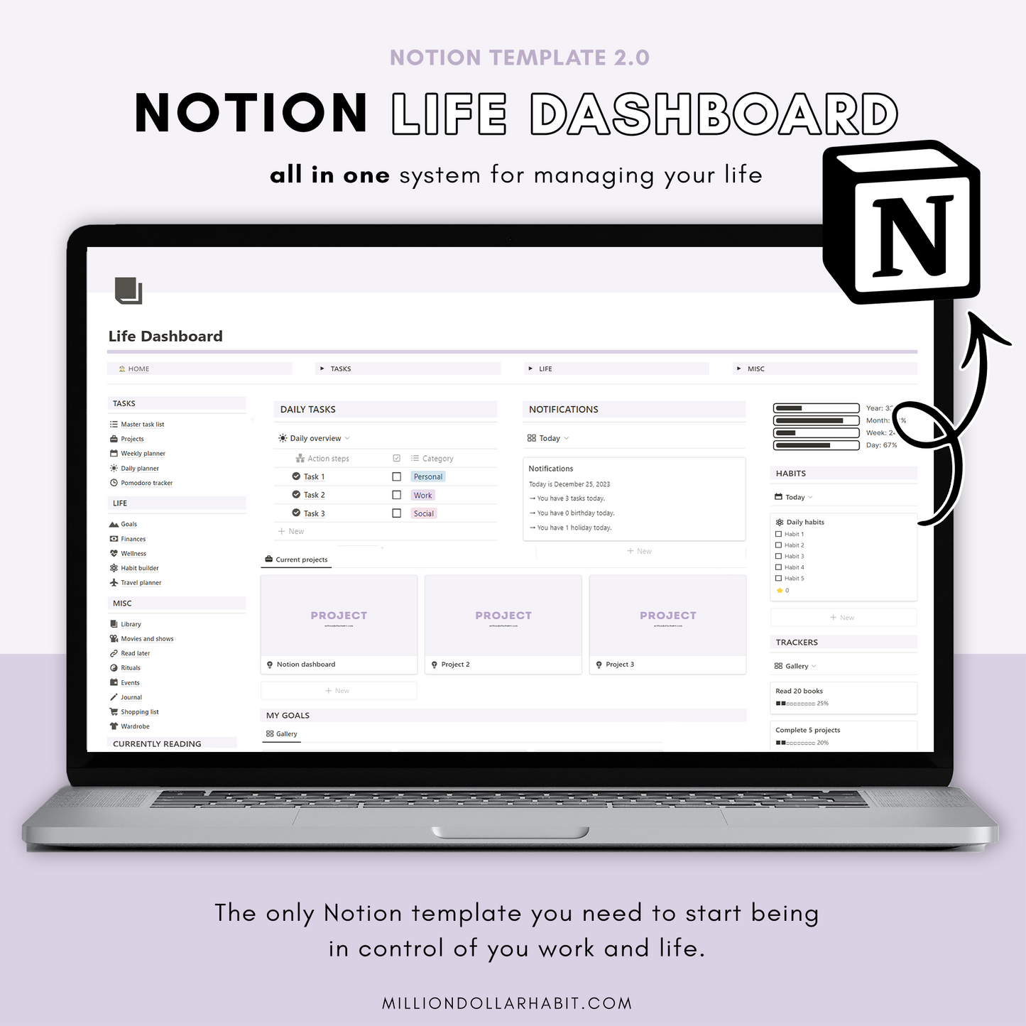 Life Dashboard for Notion - Million Dollar Habit - Notion template