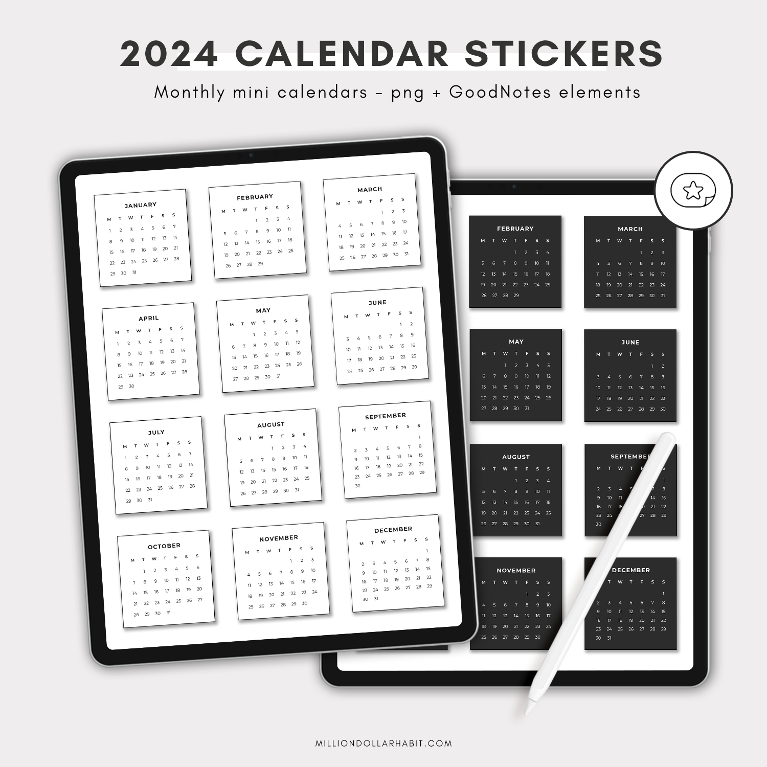 2024 Mini Calendar Stickers - Million Dollar Habit - Digital Stickers