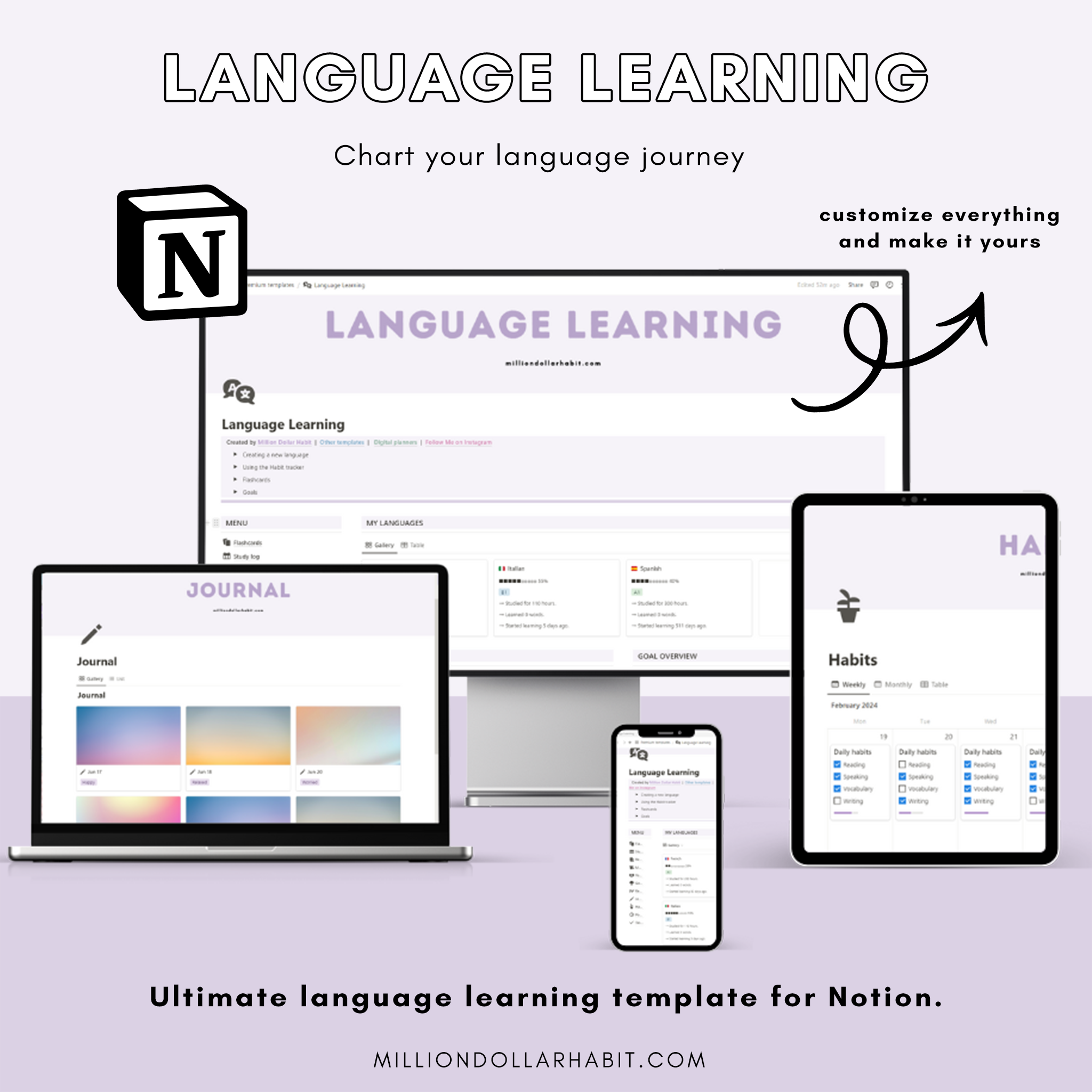 Language Learning Hub - Million Dollar Habit - Notion template